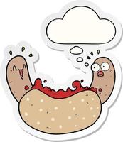 cartoon hotdog and thought bubble as a printed sticker vector