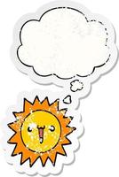 cartoon sun and thought bubble as a distressed worn sticker vector