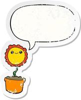 cartoon flower and speech bubble distressed sticker vector