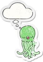 cartoon jellyfish and thought bubble as a distressed worn sticker vector