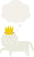 cartoon cat wearing crown and thought bubble in retro style vector