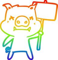 rainbow gradient line drawing angry cartoon pig protesting vector