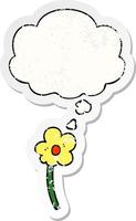 cartoon flower and thought bubble as a distressed worn sticker vector