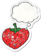 cartoon strawberry and thought bubble as a distressed worn sticker vector