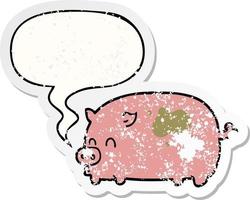 cute cartoon pig and speech bubble distressed sticker vector