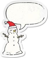 cartoon christmas snowman and speech bubble distressed sticker vector