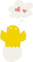 cute hatching chick cartoon and thought bubble in retro style vector