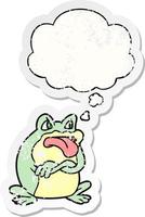 grumpy cartoon frog and thought bubble as a distressed worn sticker vector