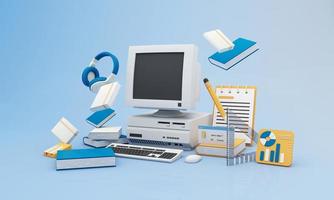 Back to school join to online learning with school supplies and equipment. laptop computer screen with phone and school accessories and textbooks on yellow and blue background. cartoon -3D Rendering photo