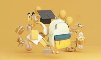 the school bag and degree cap with book on goals and achievements in life, home, car, family and health, in the concept of success and living through hard work. In cartoon illustration, -3d rendering photo