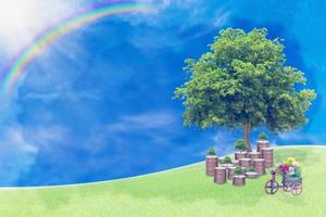 stacked coins and tree on meadow ,economic growth concept ,watercolor digital painting style photo