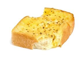 Bitten Garlic Bread with Cheese isolated on white background photo