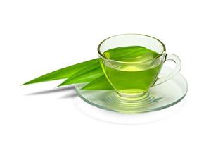 hot pandan Juice with green pandan leaves isolated on white background  ,include clipping path photo