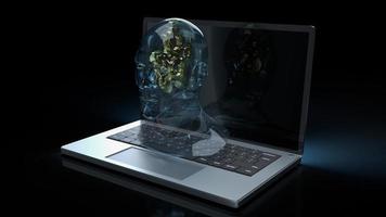 The human head crystal and gold gear inside on laptop  for machine learning or ai content 3d rendering photo