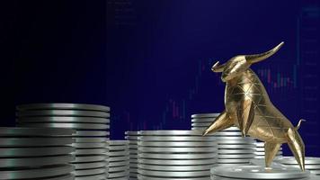 The gold bull and coins for business concept 3d rendering, Bangkok ,Thailand, 02-05-2021. photo