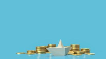 The boat paper and gold coins on blue background for blue ocean content 3d rendering. photo