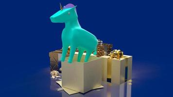 unicornio y caja de regalo para el concepto de inicio renderizado 3d foto