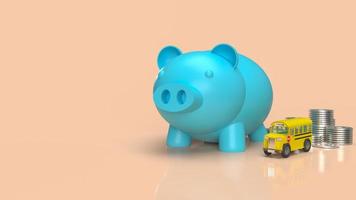 The blue piggy bank  and school bus for money plan to education concept 3d rendering photo