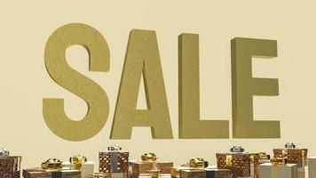 The sale gold text and gift box on  gold background 3d rendering photo