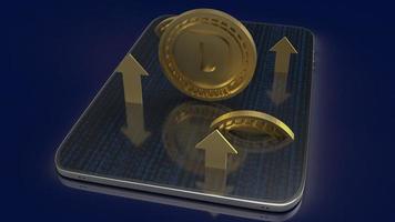 el dogecoin dorado en la tableta para la representación 3d del contenido de criptomonedas foto