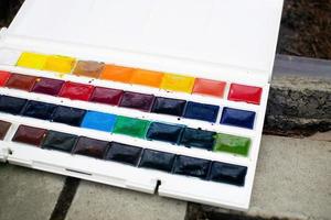 Set of watercolor paints. Watercolor for sketching in nature. photo