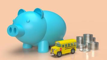 The blue piggy bank  and school bus for money plan to education concept 3d rendering photo