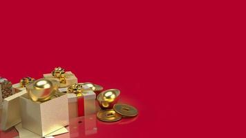 el dinero de oro chino y la caja de regalo sobre fondo rojo para el concepto de negocios o vacaciones representación 3d foto