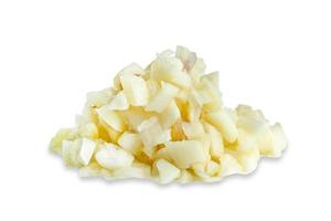 chopped peeled garlic isolated on white background photo