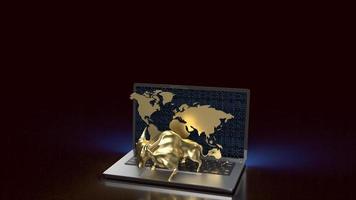 The gold bull on notebook for business background 3d rendering photo