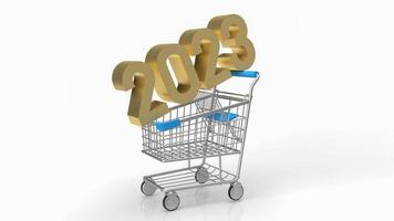The gold number 2023 on shopping cart for business concept 3d rendering photo