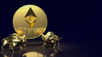 la imagen de la moneda de los toros de oro y el ethereum para la representación criptográfica o del concepto de negocio en 3d foto