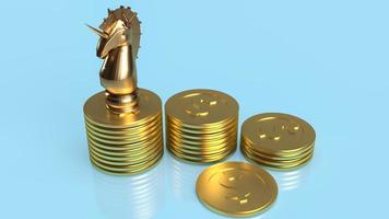 el unicornio y las monedas de oro para la puesta en marcha o el concepto de negocio 3d renderizado foto