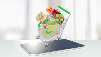shopping cart  on tablet for internet shopping cart or mobile shopping concept 3d rendering photo