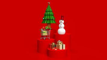 The  Christmas tree and snowman on red color tone for holiday or business concept 3d rendering photo