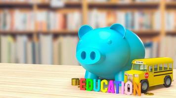 The blue piggy bank and school bus image for saving to education 3d rendering photo