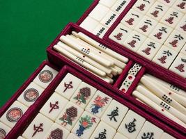 The mahjong on table ancient asian board game close up image photo