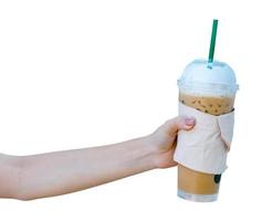 women hand holding the iced coffee isolated on white background ,clipping path photo