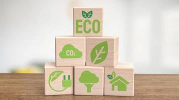 el icono de la ecología en el cubo de madera para la representación 3d del concepto ecológico o natural foto