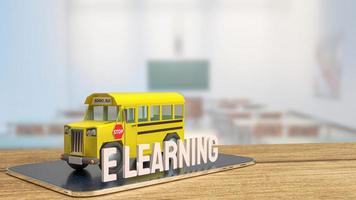 autobús escolar en tableta para concepto de e-learning renderizado 3d foto