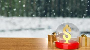 The  gold dollar in christmas crystal ball  and gift box for business or holiday concept 3d rendering photo