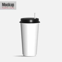 White plastic disposable cup with lid for cold beverage - soda, ice tea or coffee, cocktail, milkshake, juice. 450 ml. Realistic packaging mockup template. 3d illustration photo
