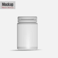 White matte plastic bottle with snap hinge push cap for pills pills packaging template realistic image mockup with sample design, front view, 3D illustration. photo