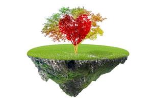 floating island with tree pastel colored  gradient and red heart-shaped isolated on white background for landscape paradise concept photo