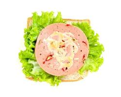 bologna sliced with bread and lettuce leaf isolated on white background photo