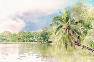 Coconut trees on the River side ,watercolor digital painting style photo