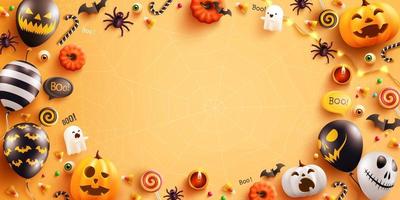 Background for Halloween with Halloween Ghost Balloons and Pumpkin.Scary air balloons,bat,candy and Halloween Elements on yellow background.Website spooky,Background or banner Halloween template vector