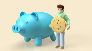 el hombre sostiene una moneda de oro y una alcancía para ahorrar o dinero concepto 3d renderizado foto