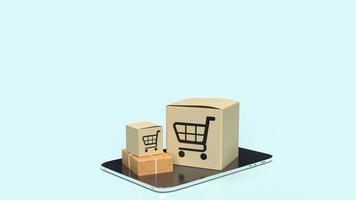 la caja de compras en la tableta para el concepto de mercado en línea representación 3d foto