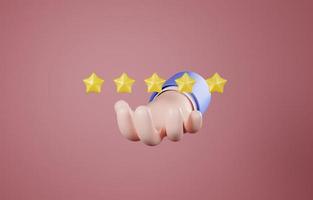 mano sosteniendo 5 estrellas, comentarios de calificación del cliente, satisfacción con el concepto de producto o servicio, ilustración 3d. foto