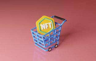 NFT non-fungible token in shopping cart, investment in NFT concept, 3d illustration. photo